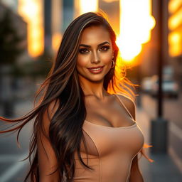 A stunning woman with long flowing hair cascading over her shoulders, wearing a stylish and form-fitting outfit that accentuates her figure