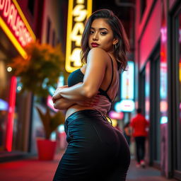A captivating, attractive young woman striking a confident pose, emphasizing her curvy figure