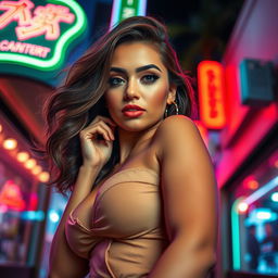 A captivating, attractive young woman striking a confident pose, emphasizing her curvy figure