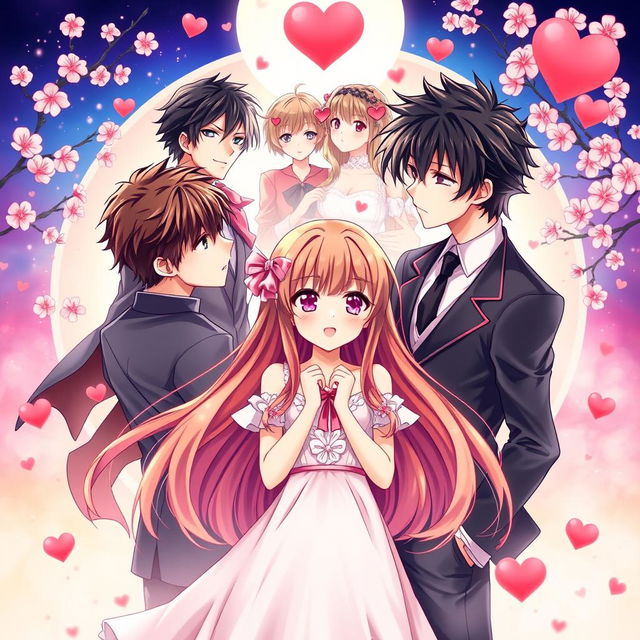 An anime-style cover featuring a beautiful girl surrounded by two handsome boys who are in love with her, expressing their affection through heartfelt gestures