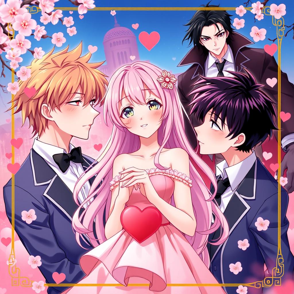 An anime-style cover featuring a beautiful girl surrounded by two handsome boys who are in love with her, expressing their affection through heartfelt gestures