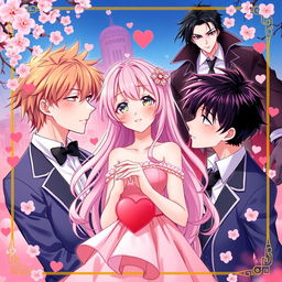 An anime-style cover featuring a beautiful girl surrounded by two handsome boys who are in love with her, expressing their affection through heartfelt gestures