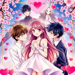 An anime-style cover featuring a beautiful girl surrounded by two handsome boys who are in love with her, expressing their affection through heartfelt gestures