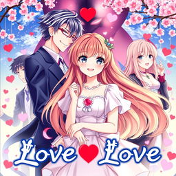 An anime-style cover featuring a beautiful girl surrounded by two handsome boys who are in love with her, expressing their affection through heartfelt gestures
