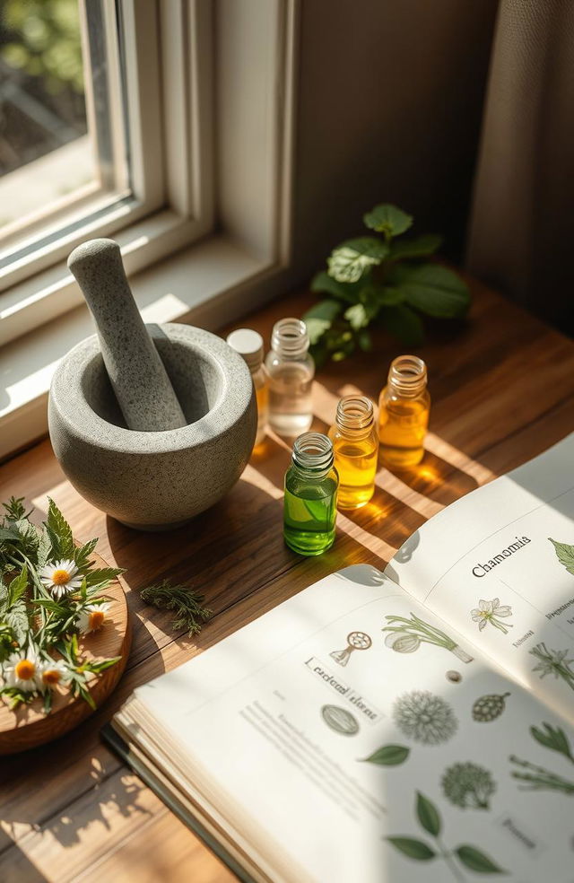 A serene and calming homeopathic medicine setup featuring various small glass vials filled with colorful natural remedies