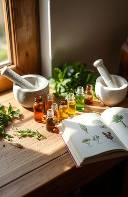 A serene and calming homeopathic medicine setup featuring various small glass vials filled with colorful natural remedies