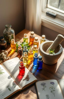 A serene and calming homeopathic medicine setup featuring various small glass vials filled with colorful natural remedies