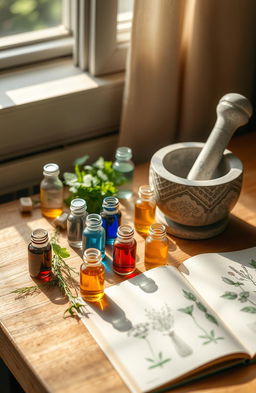 A serene and calming homeopathic medicine setup featuring various small glass vials filled with colorful natural remedies