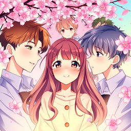 An anime-style cover featuring a girl surrounded by two boys who are in love with her, depicting a colorful and romantic ambiance