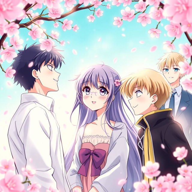 An anime-style cover featuring a girl surrounded by two boys who are in love with her, depicting a colorful and romantic ambiance