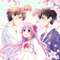 An anime-style cover featuring a girl surrounded by two boys who are in love with her, depicting a colorful and romantic ambiance