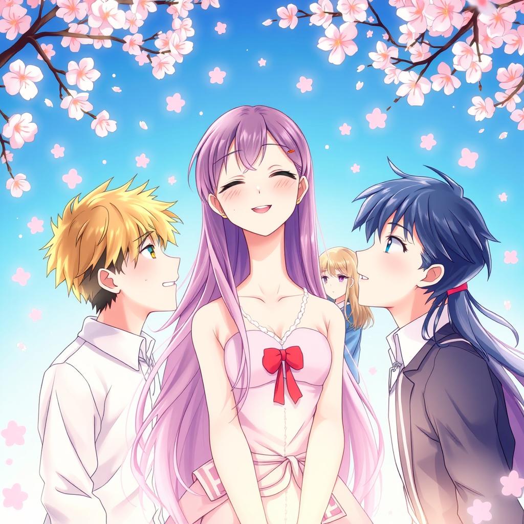 An anime-style cover featuring a girl surrounded by two boys who are in love with her, depicting a colorful and romantic ambiance