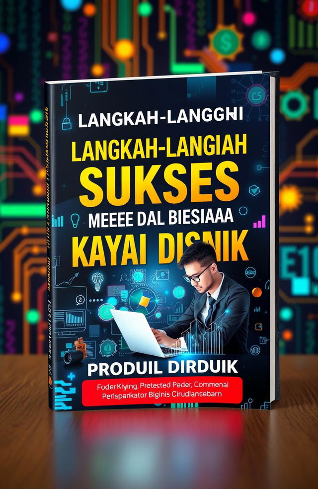 A captivating book cover design for "LANGKAH-LANGKAH SUKSES MENJADI KAYA DARI BISNIS PRODUK DIGITAL"