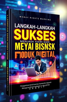 A captivating book cover design for "LANGKAH-LANGKAH SUKSES MENJADI KAYA DARI BISNIS PRODUK DIGITAL"