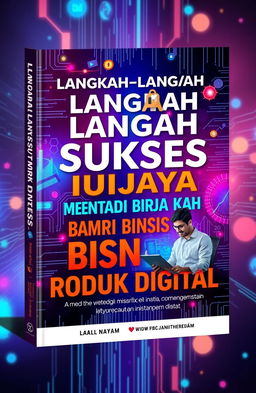 A captivating book cover design for "LANGKAH-LANGKAH SUKSES MENJADI KAYA DARI BISNIS PRODUK DIGITAL"