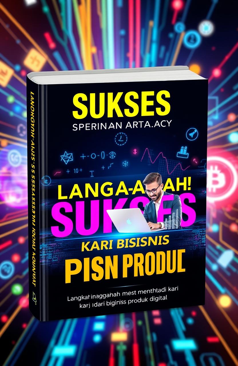 A captivating book cover design for "LANGKAH-LANGKAH SUKSES MENJADI KAYA DARI BISNIS PRODUK DIGITAL"