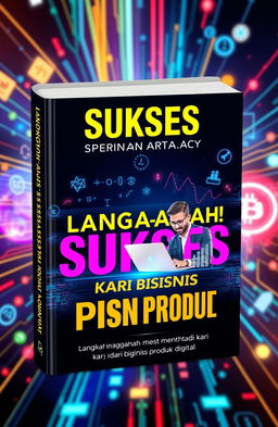 A captivating book cover design for "LANGKAH-LANGKAH SUKSES MENJADI KAYA DARI BISNIS PRODUK DIGITAL"