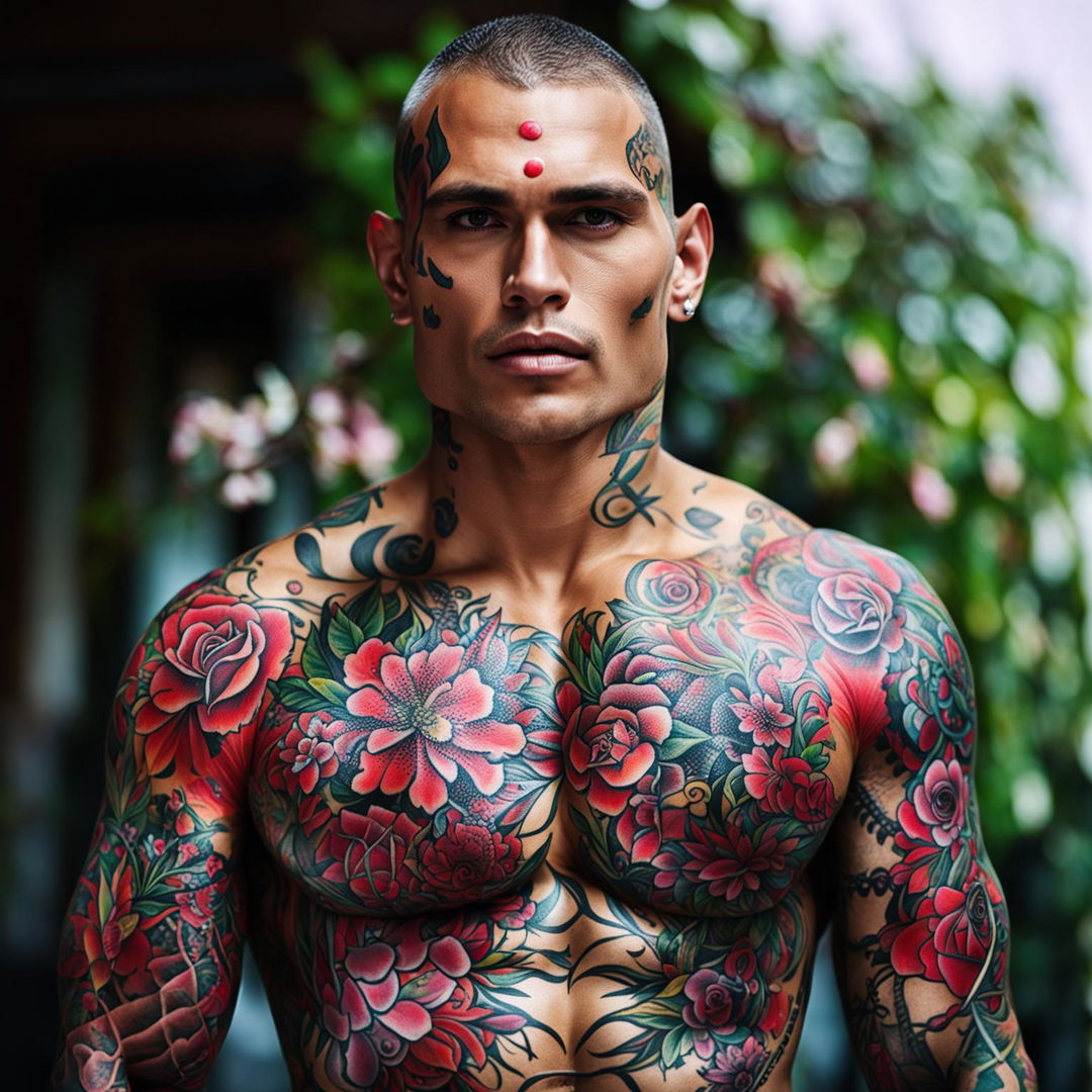 High-resolution 32k photograph of a muscular fitness model with intricate floral tattoos shot with a 200mm lens.