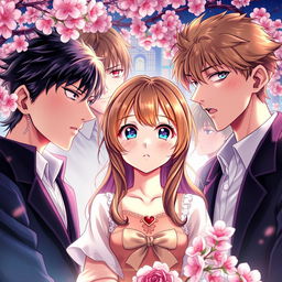 A captivating book cover featuring a beautiful girl at the center, with two handsome boys on either side of her, both visibly in love with her