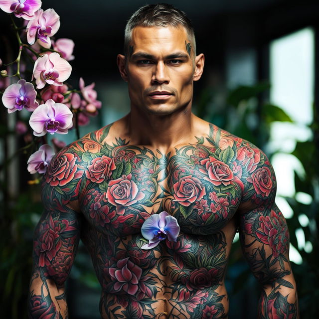 High-resolution photograph of a muscular fitness model with intricate floral tattoos covering his body, taken with a 200mm lens