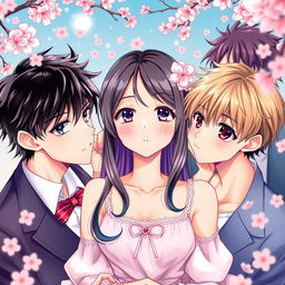 A captivating book cover featuring a beautiful girl at the center, with two handsome boys on either side of her, both visibly in love with her