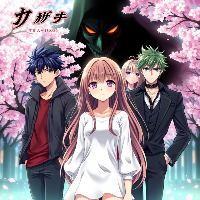 A beautiful anime book cover featuring a girl with long flowing hair, standing confidently at the center, with two handsome boys on either side of her, both showing expressions of love and jealousy