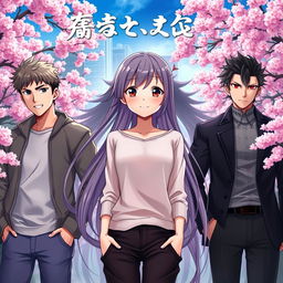 A beautiful anime book cover featuring a girl with long flowing hair, standing confidently at the center, with two handsome boys on either side of her, both showing expressions of love and jealousy