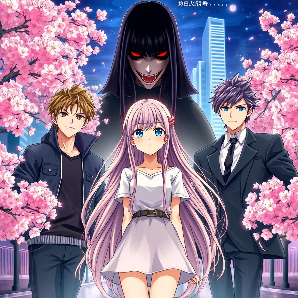 A beautiful anime book cover featuring a girl with long flowing hair, standing confidently at the center, with two handsome boys on either side of her, both showing expressions of love and jealousy