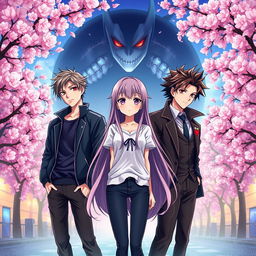 A beautiful anime book cover featuring a girl with long flowing hair, standing confidently at the center, with two handsome boys on either side of her, both showing expressions of love and jealousy