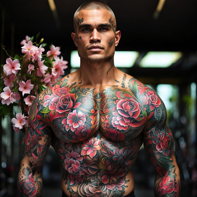 High-resolution photograph of a muscular fitness model adorned with intricate floral tattoos, taken with a 200mm lens