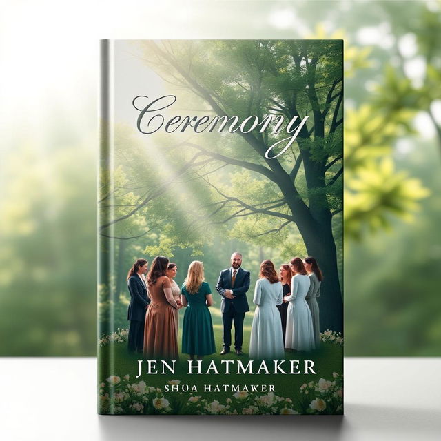 An enchanting book cover design for 'Ceremony' by Jen Hatmaker, featuring a beautifully intricate scene of a serene outdoor gathering