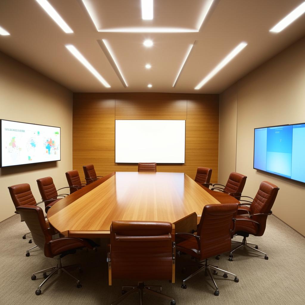 A professional briefing room with a large wooden table centered, surrounded by leather chairs. A large screen for presentations is on the wall at the front, and various communication tools are available.