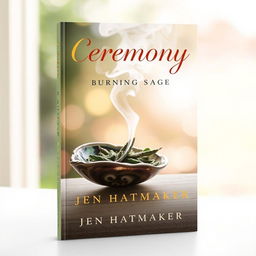 A beautiful book cover design for 'Ceremony: Burning Sage' by Jen Hatmaker, showcasing the ritual of burning sage in a serene and inviting manner