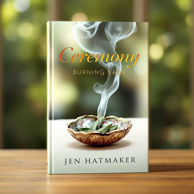 A beautiful book cover design for 'Ceremony: Burning Sage' by Jen Hatmaker, showcasing the ritual of burning sage in a serene and inviting manner