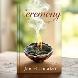 A beautiful book cover design for 'Ceremony: Burning Sage' by Jen Hatmaker, showcasing the ritual of burning sage in a serene and inviting manner