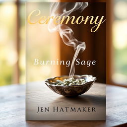 A beautiful book cover design for 'Ceremony: Burning Sage' by Jen Hatmaker, showcasing the ritual of burning sage in a serene and inviting manner
