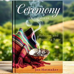 A beautifully designed book cover for 'Ceremony: Rebozos and Burning Sage' by Jen Hatmaker, showcasing the rich cultural elements of a ceremonial gathering