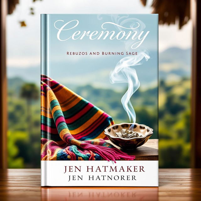 A beautifully designed book cover for 'Ceremony: Rebozos and Burning Sage' by Jen Hatmaker, showcasing the rich cultural elements of a ceremonial gathering