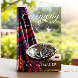 A beautifully designed book cover for 'Ceremony: Rebozos and Burning Sage' by Jen Hatmaker, showcasing the rich cultural elements of a ceremonial gathering