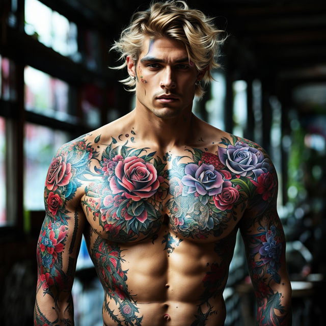 High-resolution photograph of a handsome male model adorned with intricate floral tattoos, shot with a 200mm lens