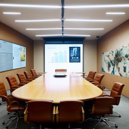 A professional briefing room with a large wooden table centered, surrounded by leather chairs. A large screen for presentations is on the wall at the front, and various communication tools are available.