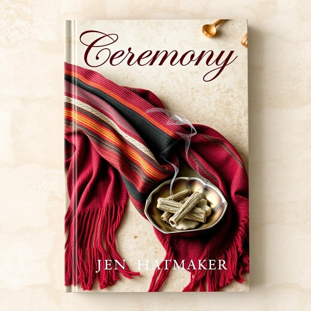 A captivating book cover design for 'Ceremony' by Jen Hatmaker, blending the themes of rebozos and burning sage