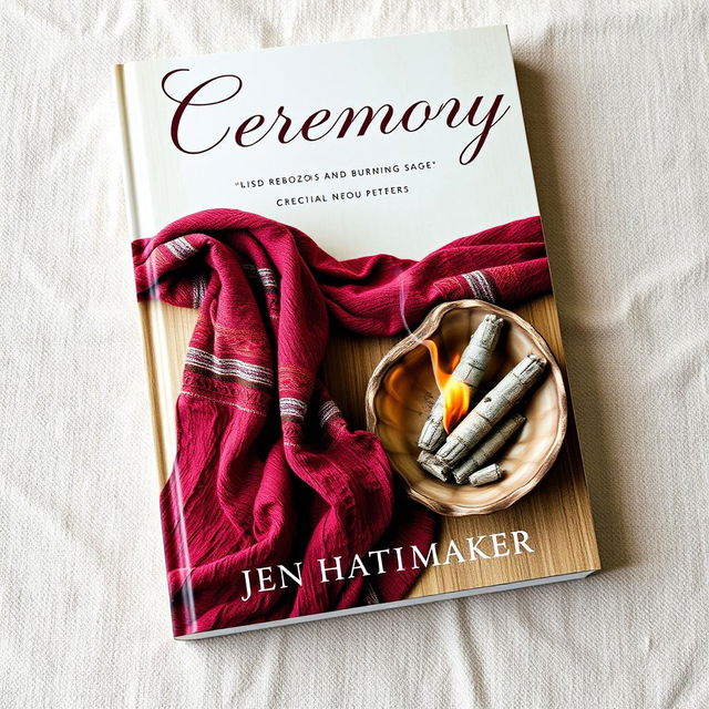 A captivating book cover design for 'Ceremony' by Jen Hatmaker, blending the themes of rebozos and burning sage