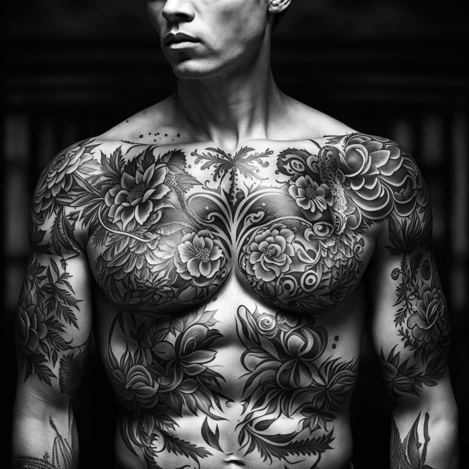 High-resolution photograph of a handsome male model with intricate black and grey floral chest tattoos, shot with a 200mm lens