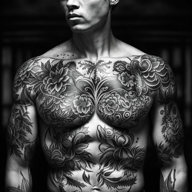 High-resolution photograph of a handsome male model with intricate black and grey floral chest tattoos, shot with a 200mm lens