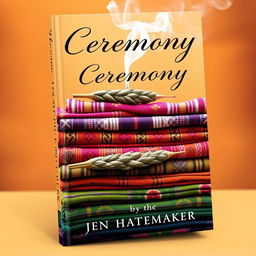 A stunning book cover design for 'Ceremony' by Jen Hatmaker that features a visually captivating arrangement of piled rebozos and burning sage