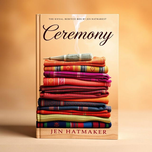 A stunning book cover design for 'Ceremony' by Jen Hatmaker that features a visually captivating arrangement of piled rebozos and burning sage