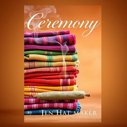 A stunning book cover design for 'Ceremony' by Jen Hatmaker that features a visually captivating arrangement of piled rebozos and burning sage