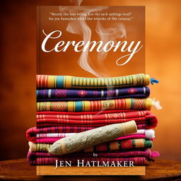 A stunning book cover design for 'Ceremony' by Jen Hatmaker that features a visually captivating arrangement of piled rebozos and burning sage
