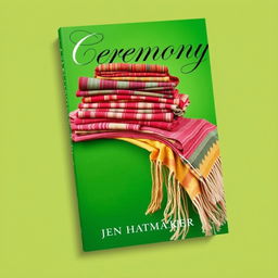 A visually engaging book cover design for 'Ceremony' by Jen Hatmaker featuring a stunning composition of piled rebozos set against a vibrant green background